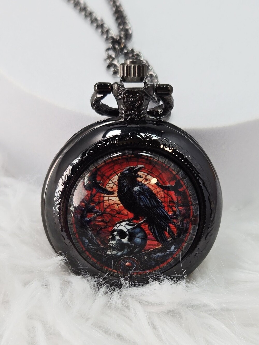 Raven Skull Pocket Watch Necklace Gothic Crow Pendant Dark Academia Gunmetal Red